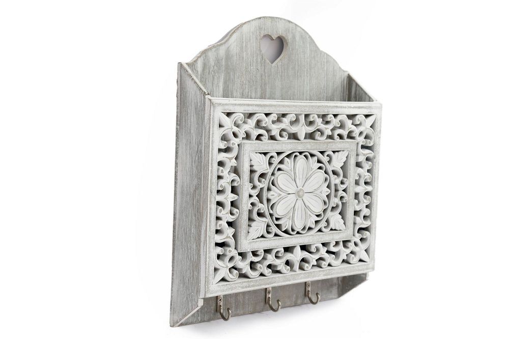 Rustic Grey Wooden 3-Hook Key Holder with Cutout Pattern Shelf