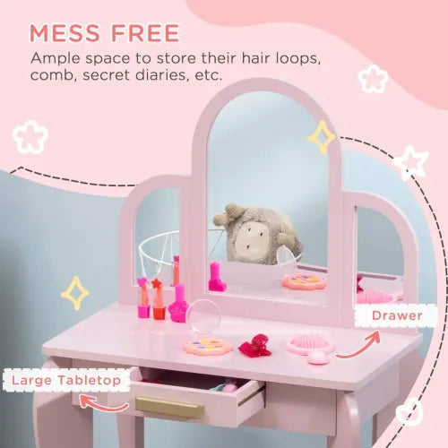 HOMCOM Kids Dressing Table and Stool Kids Vanity Set Makeup Desk w/Mirror, Drawer, for Ages 3-6 Years - Pink