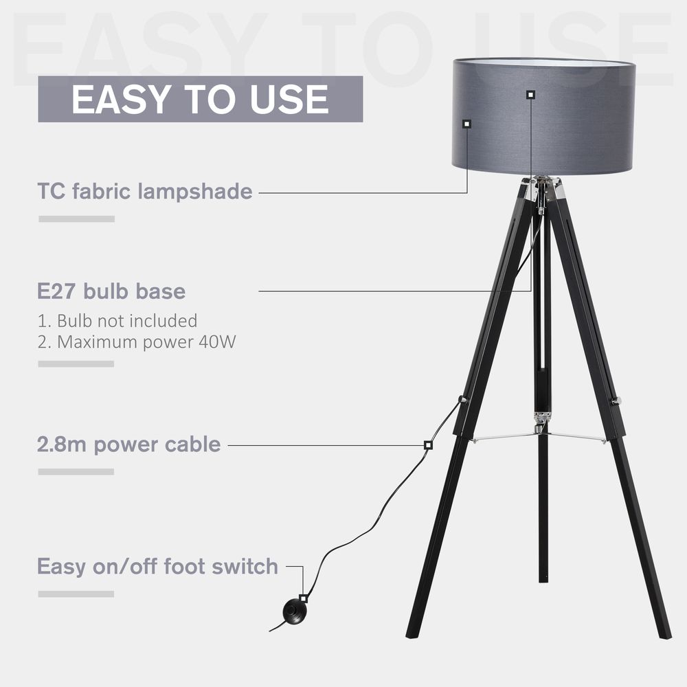HOMCOM Modern Tripod Floor Lamps for Living Room with Fabric Lampshade, Standing Lamp for Bedroom, (Bulb not Included), Grey and Black