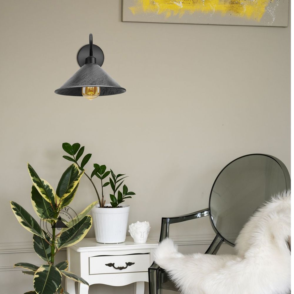 Brushed Silver Wall Light Fixture: Black Sconce, E27 Base Socket, Screw Type, Wall Mounted, Swan Neck, Cone Shape Shade