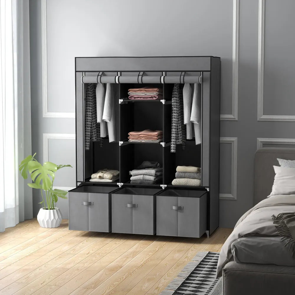 HOMCOM Portable Wardrobe - 5 Shelves, 3 Drawers, 2 Rails - Grey