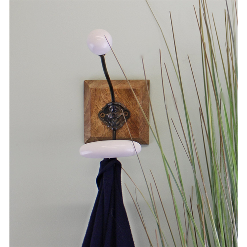 Double White Ceramic Coat Hook On Wooden Base