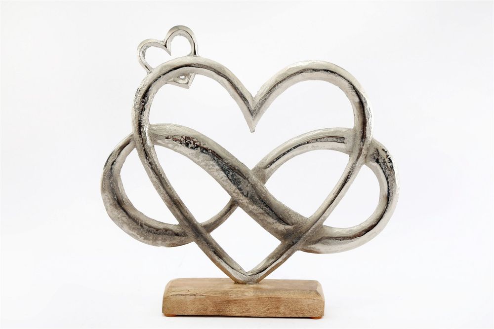 Stylish Metal Silver Entwined Hearts On Wooden Base - Large