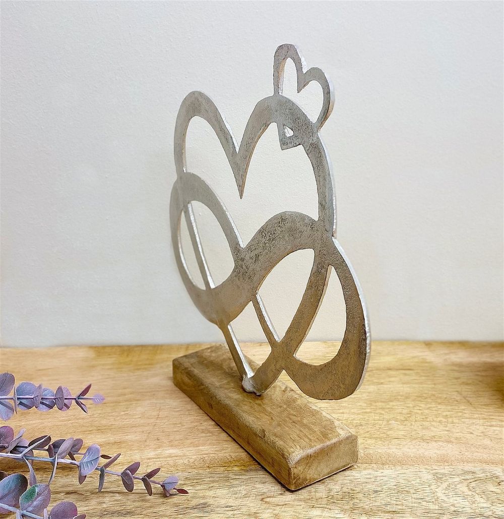 Stylish Metal Silver Entwined Hearts On Wooden Base - Large
