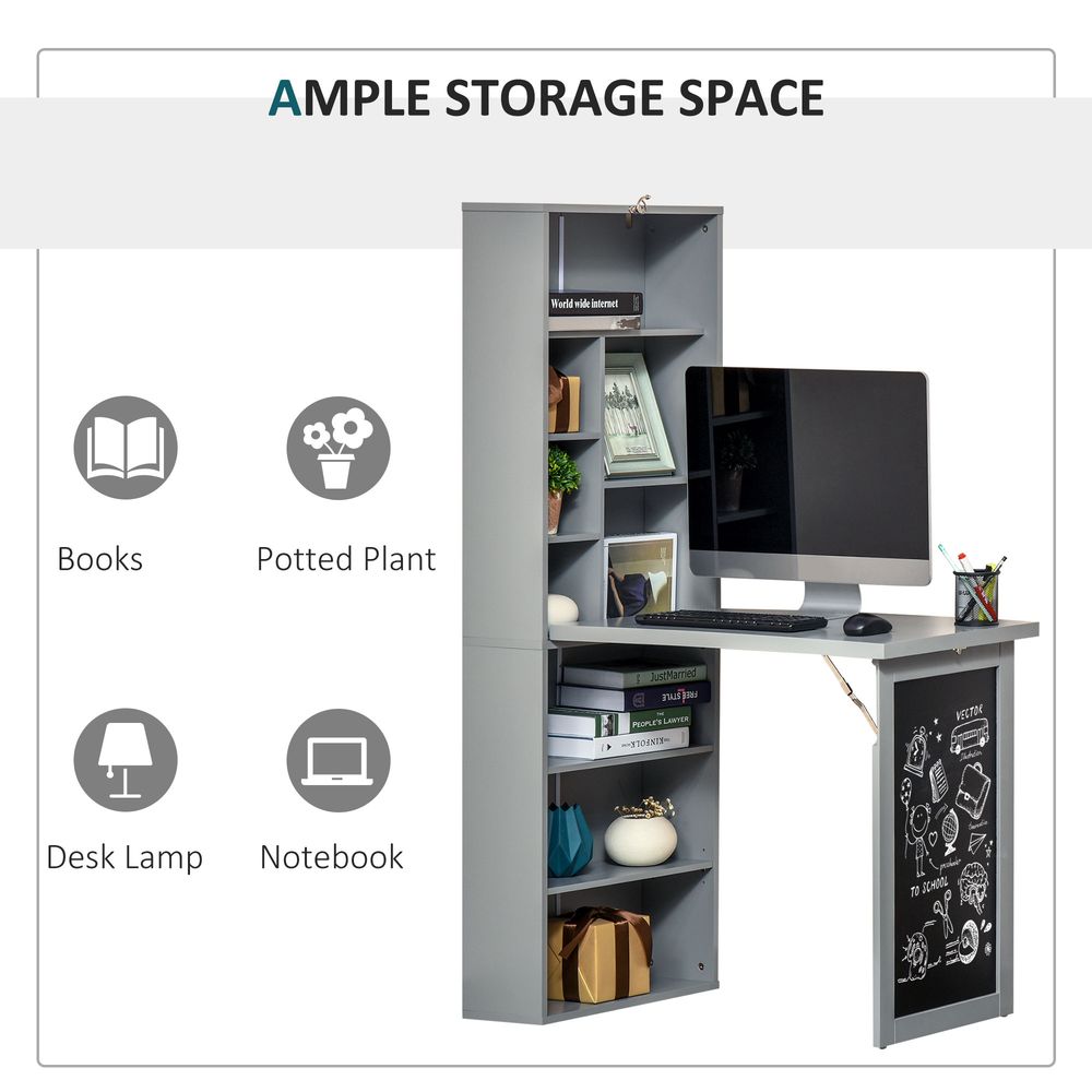 HOMCOM Fold-out Convertible Writing Desk Wall Mount Cabinet with Blackboard and Side Shelf Multi-Function Home Office Workstation, Grey 98 x 51 cm