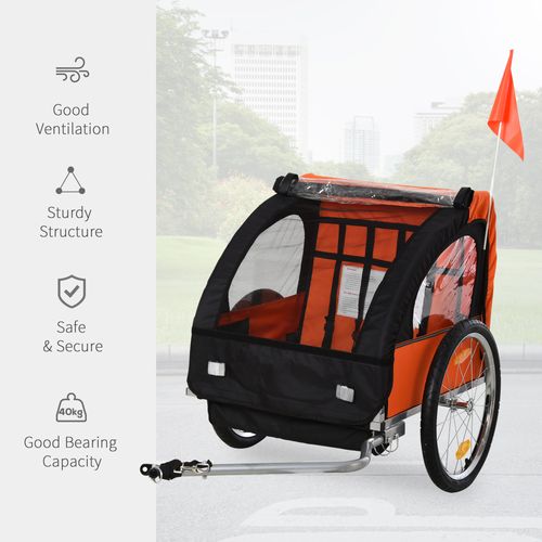 HOMCOM 18m 2-Seat Child Bike Trailer for Kid w/ Steel Frame Seat Belt Orange