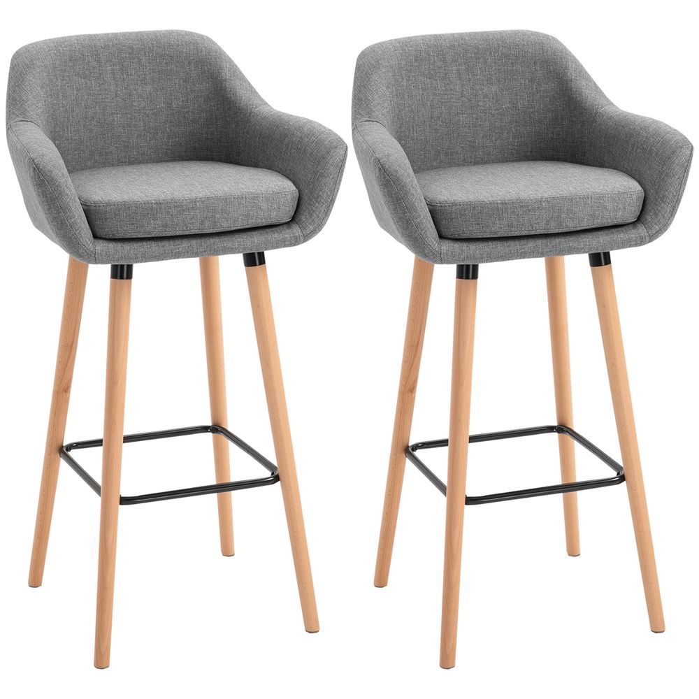 2 PCs Modern Upholstered Fabric Bucket Seat Bar Stools w/ Solid Wood Legs Grey