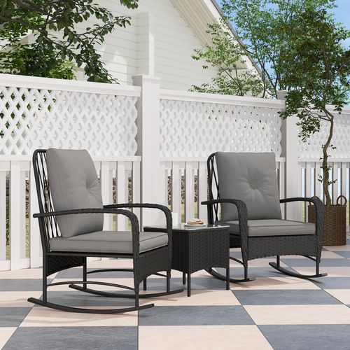 Outsunny Rattan Bistro Set Balcony Furniture with Rocking Chairs, Black