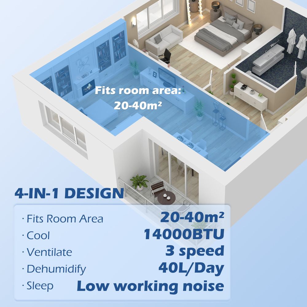 HOMCOM 14,000 BTU Portable AC - 240m², Dehumidifier, Timer