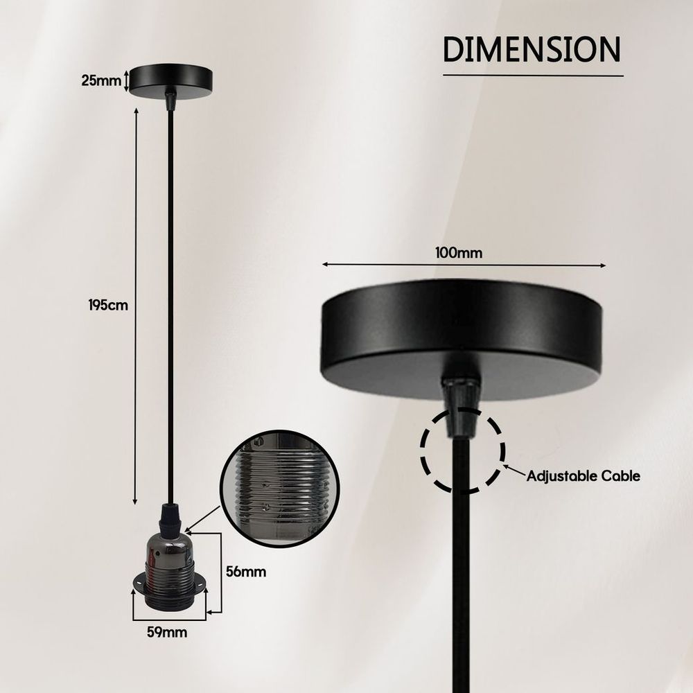 Vintage Industrial Black Pendant Light Fitting, lampshade Holder Fitting  Set with 2m Cable.
