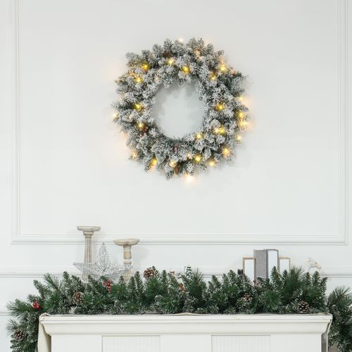 HOMCOM 60cm Flocked Christmas Wreath with Lights Pine Cones Red Berries Green