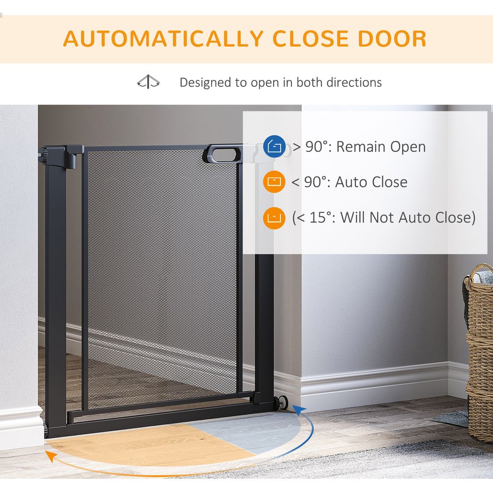 PawHut Pressure Fit Safety Gate for Doorways and Staircases, Dog Gate w/ Auto Closing Door, Pet Barrier for Hallways w/ Double Locking, Openings 75-103CM - Black