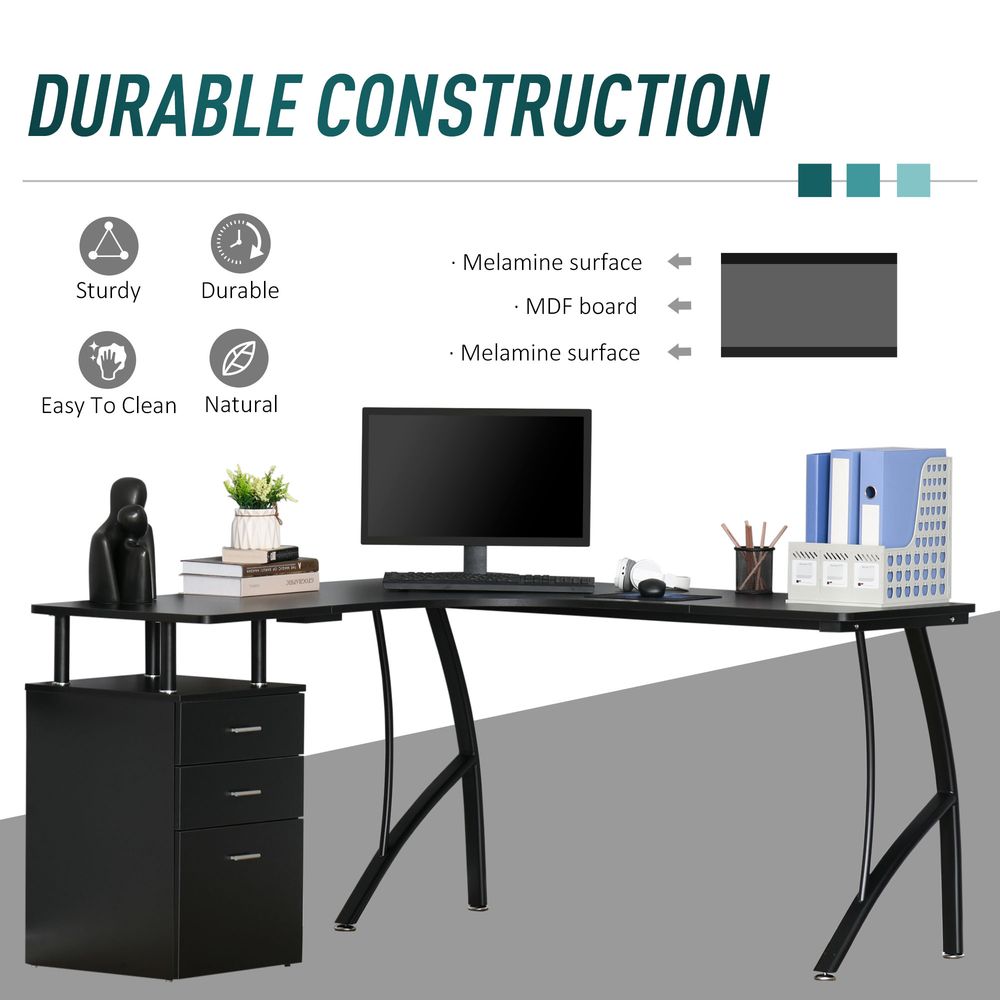HOMCOM L-Shaped Computer Desk Table with Storage Drawer Home Office Corner Industrial Style Workstation for A4 Files 143.5 x 143.5 x 76cm, Black