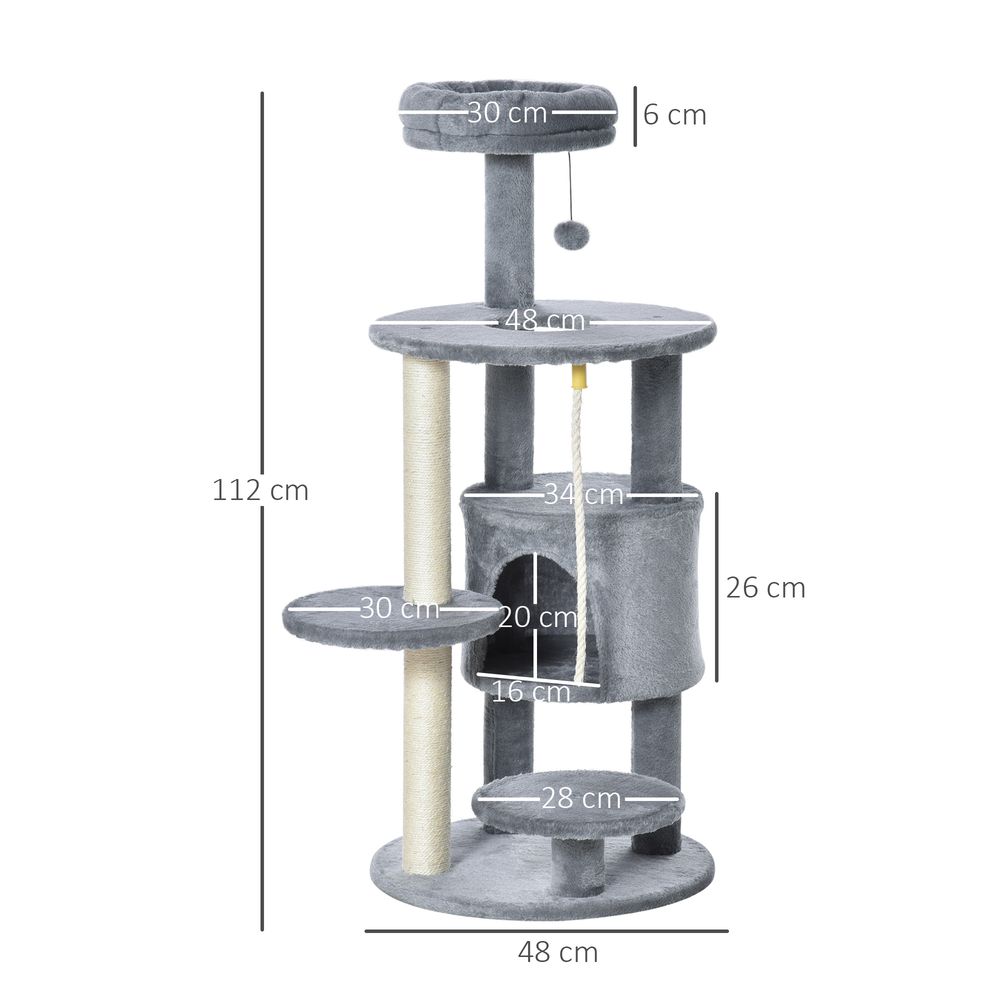 PawHut Cat Tree Tower for Indoor Cats 112cm Climbing Kitten Activity Center with Jute Scratching Post Perch Hanging Ball Toy Teasing Rope Dark grey