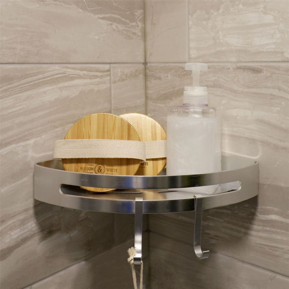 Space-Saving Adhesive Corner Shower Caddy | Rust-Resistant Aluminum | Maison & White