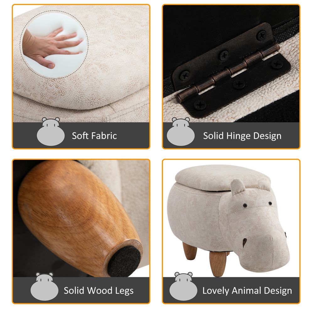 HOMCOM Hippo Storage Stool | Cute Footrest | Wood Frame Legs | Cream