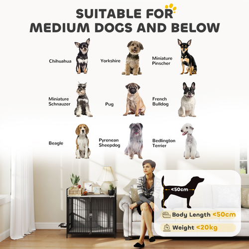 PawHut Dog Crate Furniture with Rotating Bowl Holder for Medium Dogs, Grey