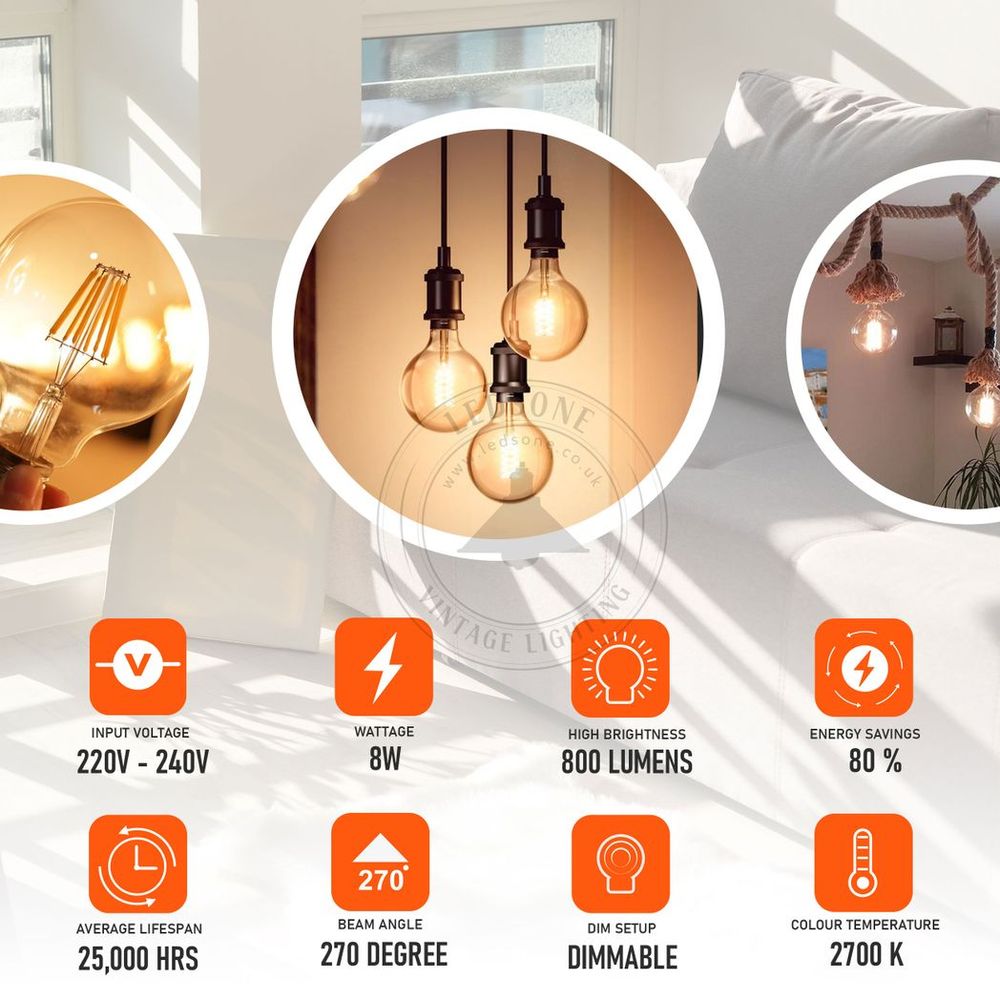 Vintage Amber Glass LED Edison Bulbs - Dimmable, Warm White, 2 Pack, 2700K - Professional Quality