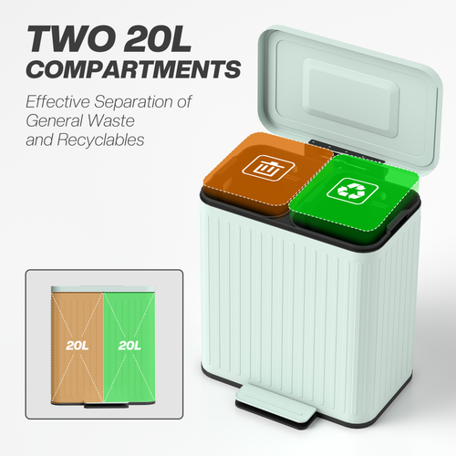 HOMCOM 2 x 20L Double Rubbish Bin, Pedal Bin with Soft-Close Lid, Green