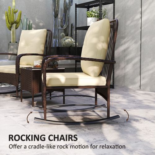 Outsunny Rattan Bistro Set Balcony Furniture with Rocking Chairs, Brown