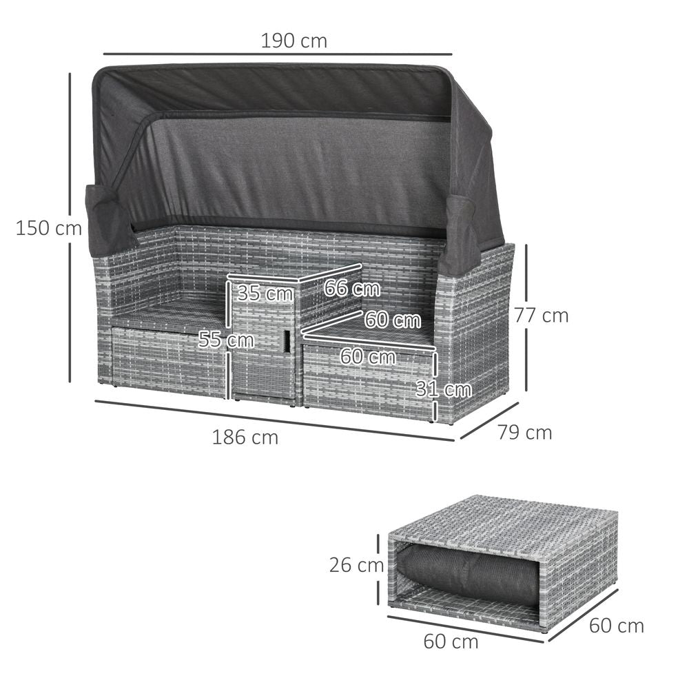 PE Rattan Daybed 2-Seater Sofa Footstool Tempered Glass Table