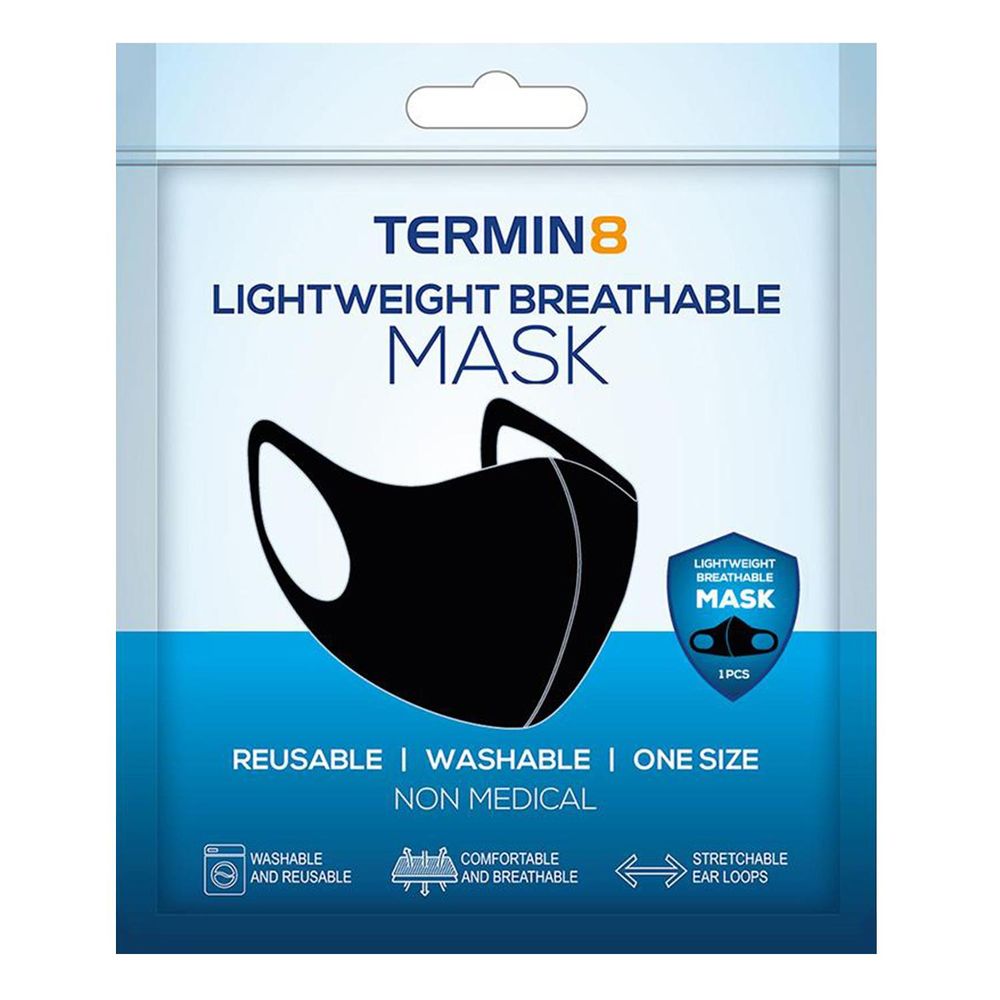 Termin8 Lightweight Breathable Reusable Face Mask for Adults, Machine Washable (Black)