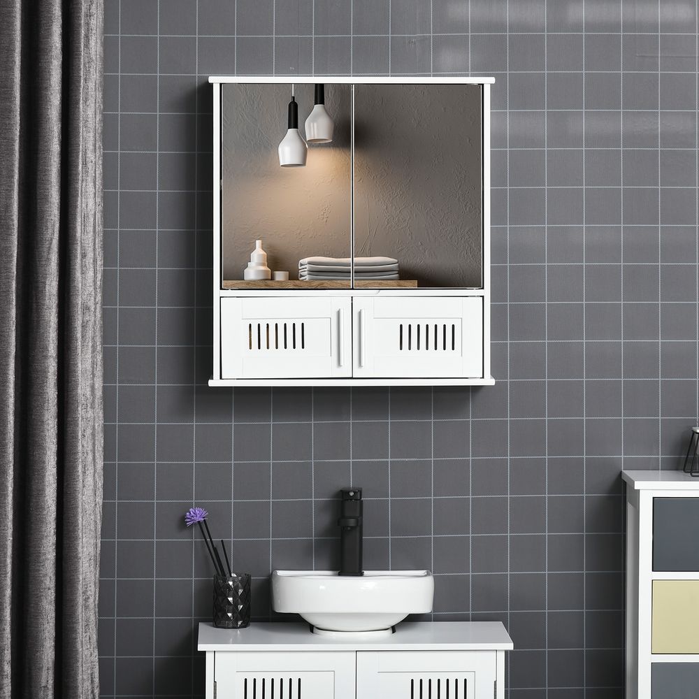 Bathroom Mirror Cabinet: Wall Mounted Storage Cupboard, Double Doors, White