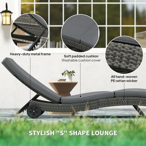 Outsunny Outdoor Rattan Sun Lounger with Reclining Back, Wheels, Dark Grey