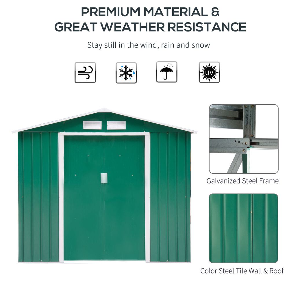 Outsunny 7 x 4ft Metal Garden Shed, Outdoor Storage Tool House with Ventilation Slots, Foundation Kit and Lockable Double Doors, Green
