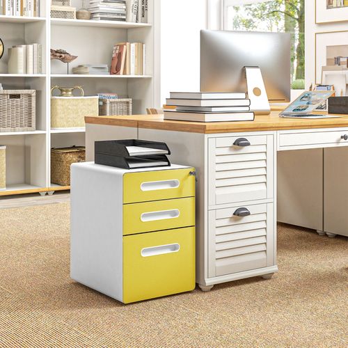Vinsetto 3 Drawer Modern Steel Filing Cabinet w/ 4 Wheels Lock Box