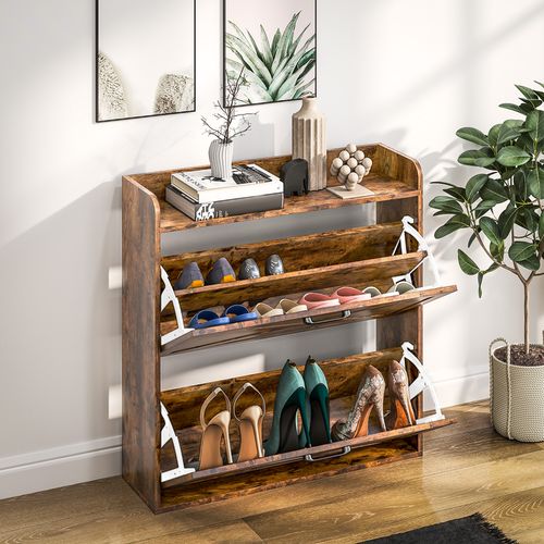 HOMCOM Narrow Shoe Cabinet Farmhouse Slim Shoe Storage Cabinet Rustic Brown