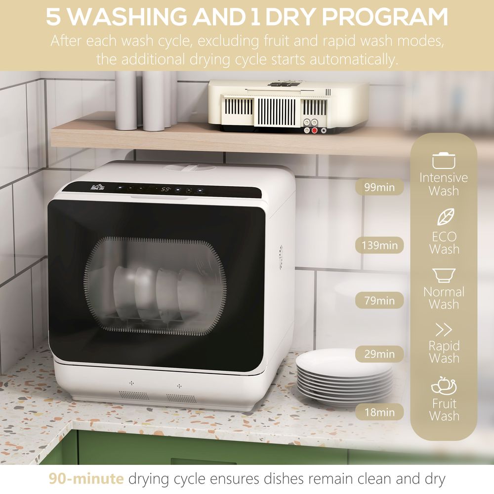 HOMCOM Table Top Dishwasher w/ 4 Place Settings 6 Programmes Fruit Wash Mode