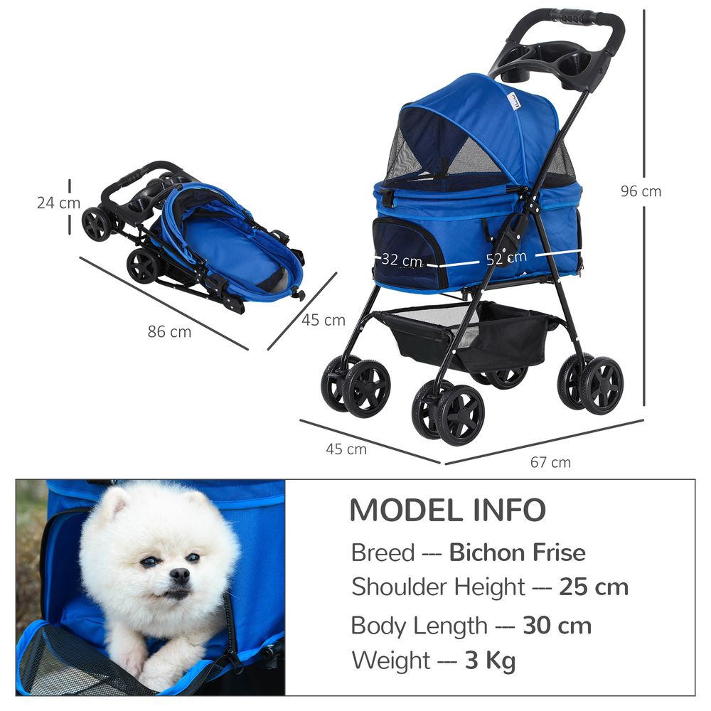 PawHut Dog Pram Dog Stroller Foldable Pet Pushchair with 4 Wheels, Safety Leashes, Cup Holder for Small Dogs, Blue