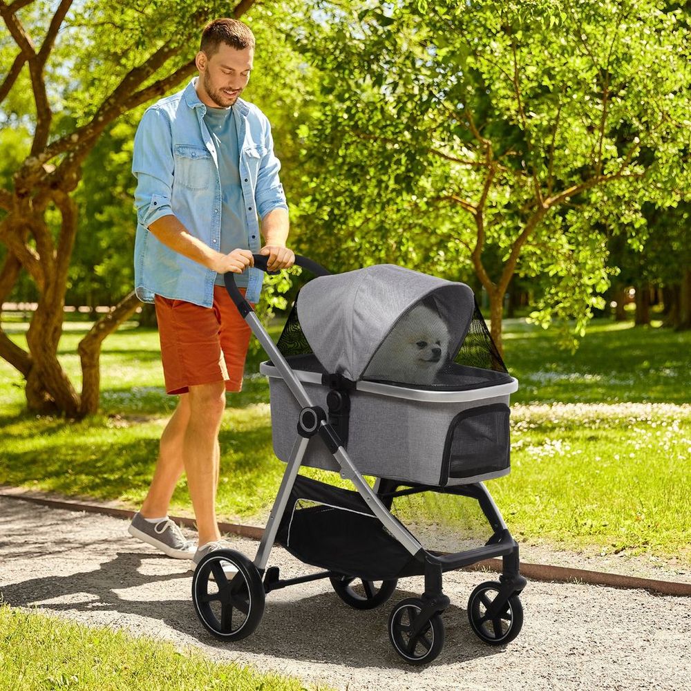 PawHut One-Click Foldable Pet Stroller w/ Storage Basket, for Small Pets - Grey