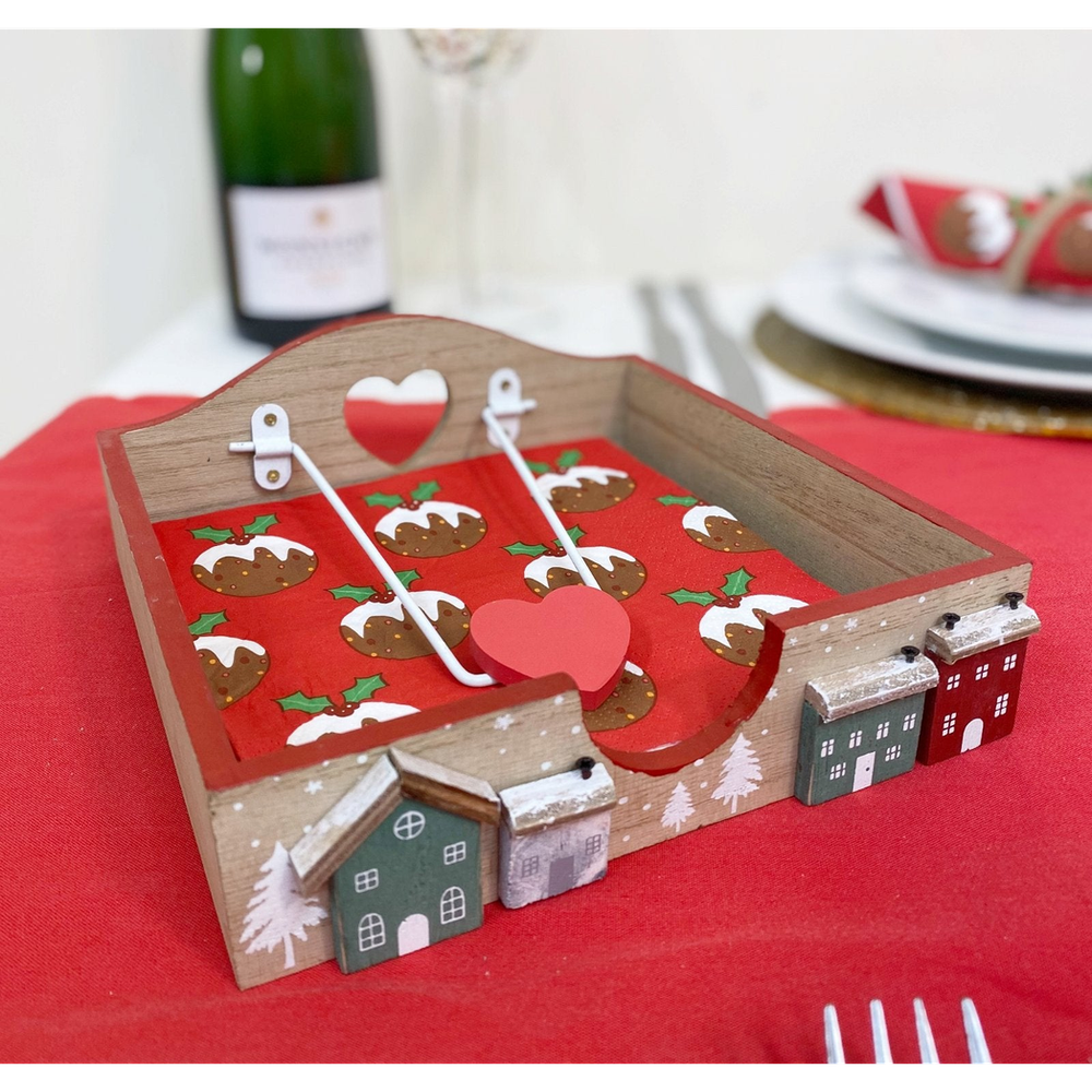 Christmas House Napkin Holder 18cm - Wooden Holder with Metal Arm & 'Merry Christmas' Message Painted - D19.5 x H7 x W18.5cm