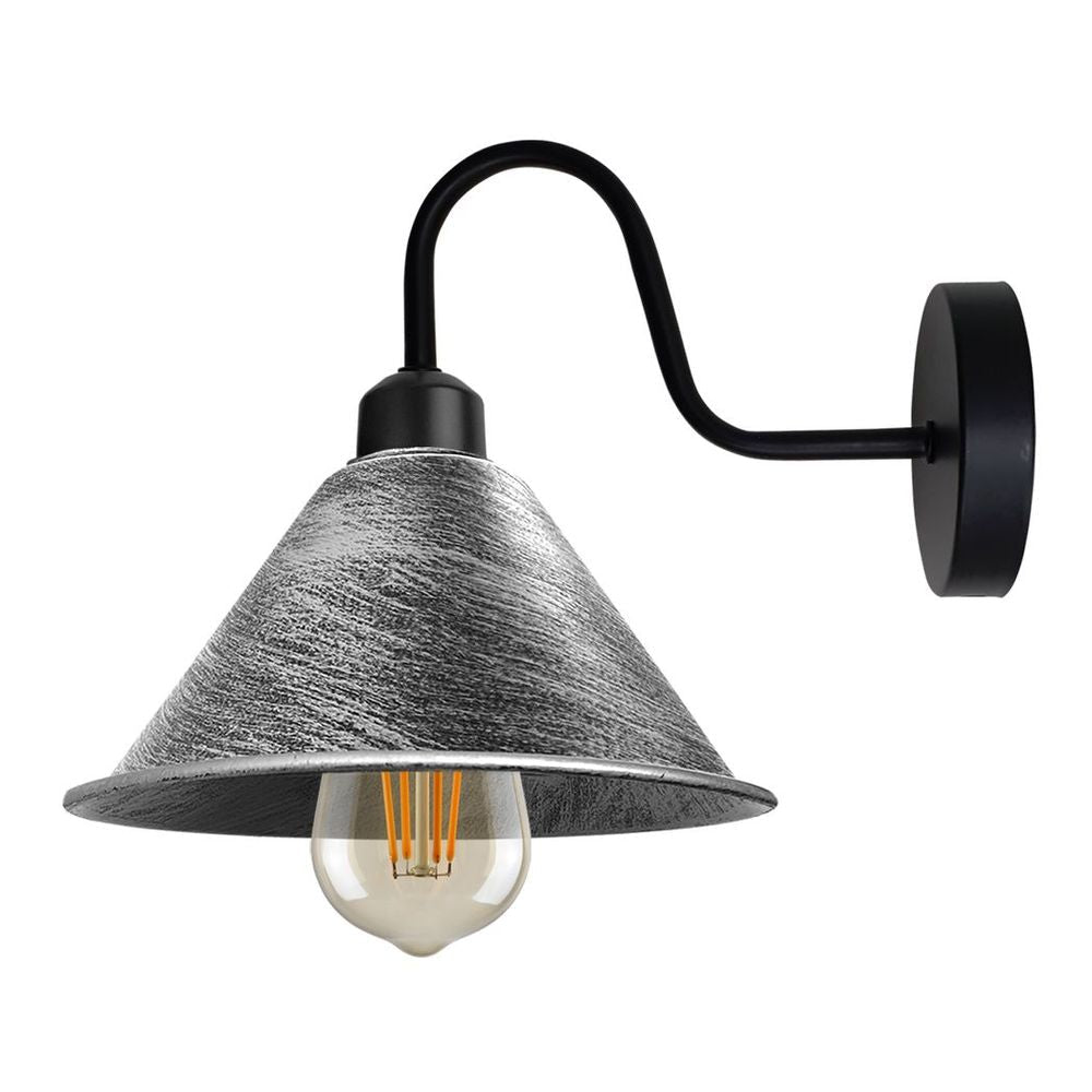 Vintage Silver Wall Sconce - Cone Shape Shade, Swan Neck Arm, Dimmable, E27 Base - Perfect for Indoor Lighting