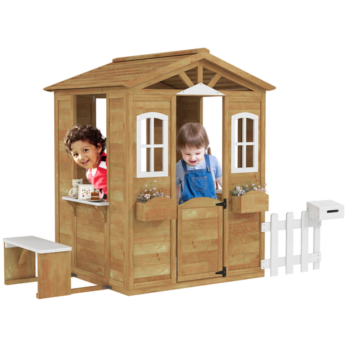 Outsunny Wooden Outdoor Playhouse w/ Door Windows Bench for Kids Children