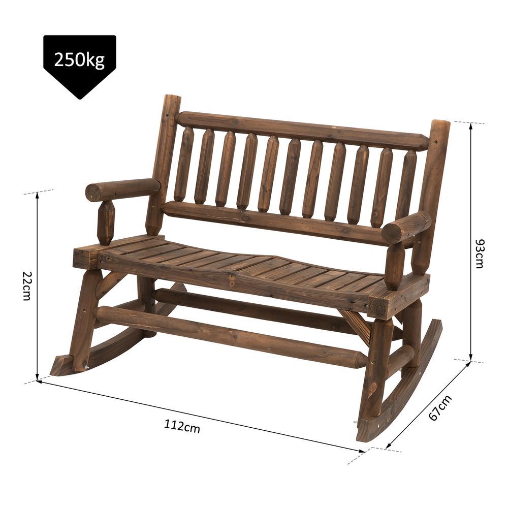Rustic 2-Seater Rocking Bench - Wood Frame, Curved, Dark Stain, Brown