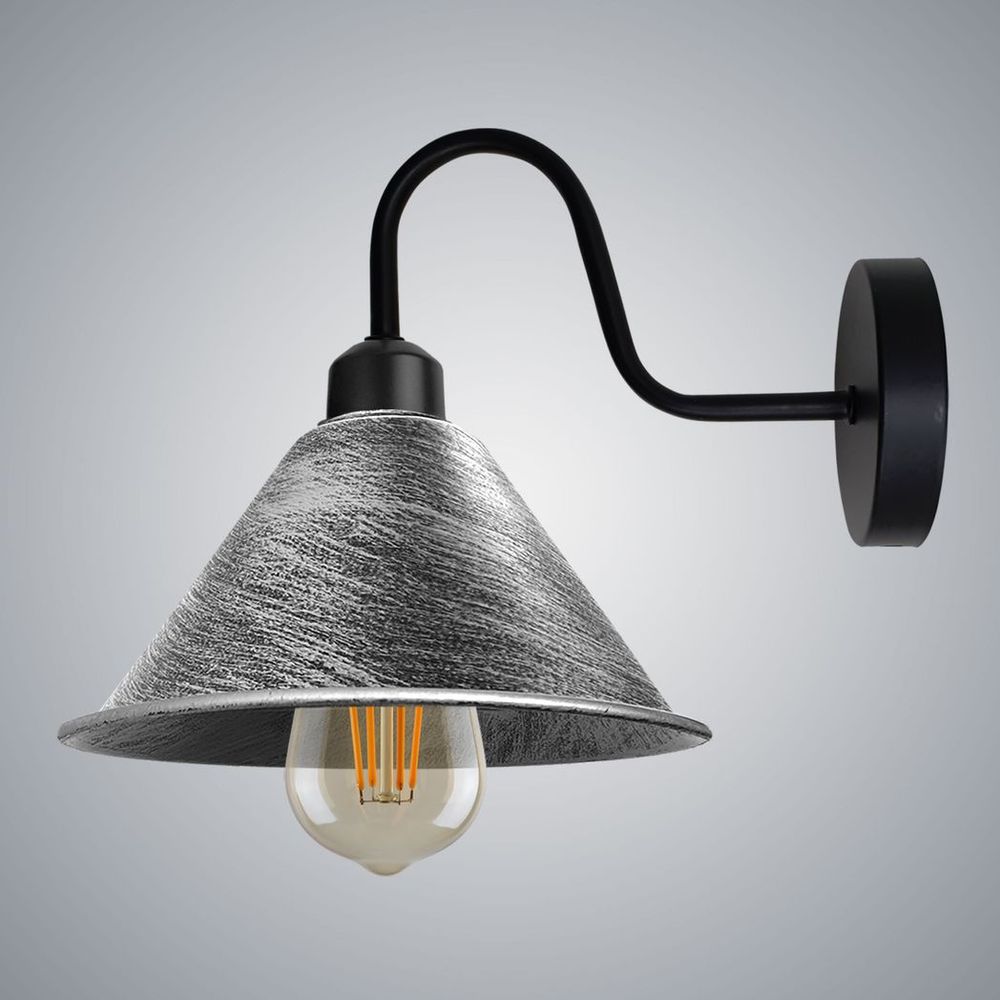 Vintage Wall Light Fixture | Brushed Silver Black Wall Sconce | E27 Socket | Swan Neck Cone Shade | High Quality