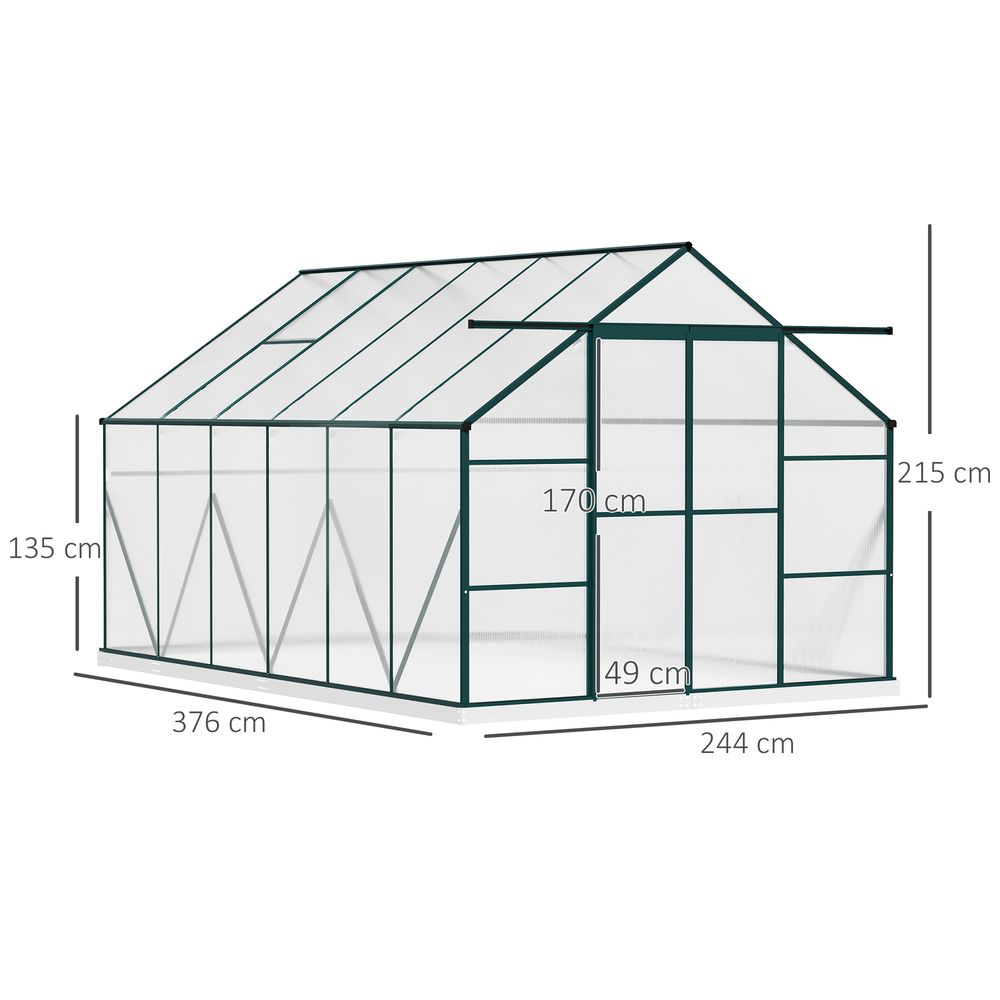 Outsunny 8 x 12ft Aluminium Greenhouse Polycarbonate Walk-in Garden Greenhouse Kit with Adjustable Roof Vent, Double Sliding Door, Rain Gutter and Foundation, Clear
