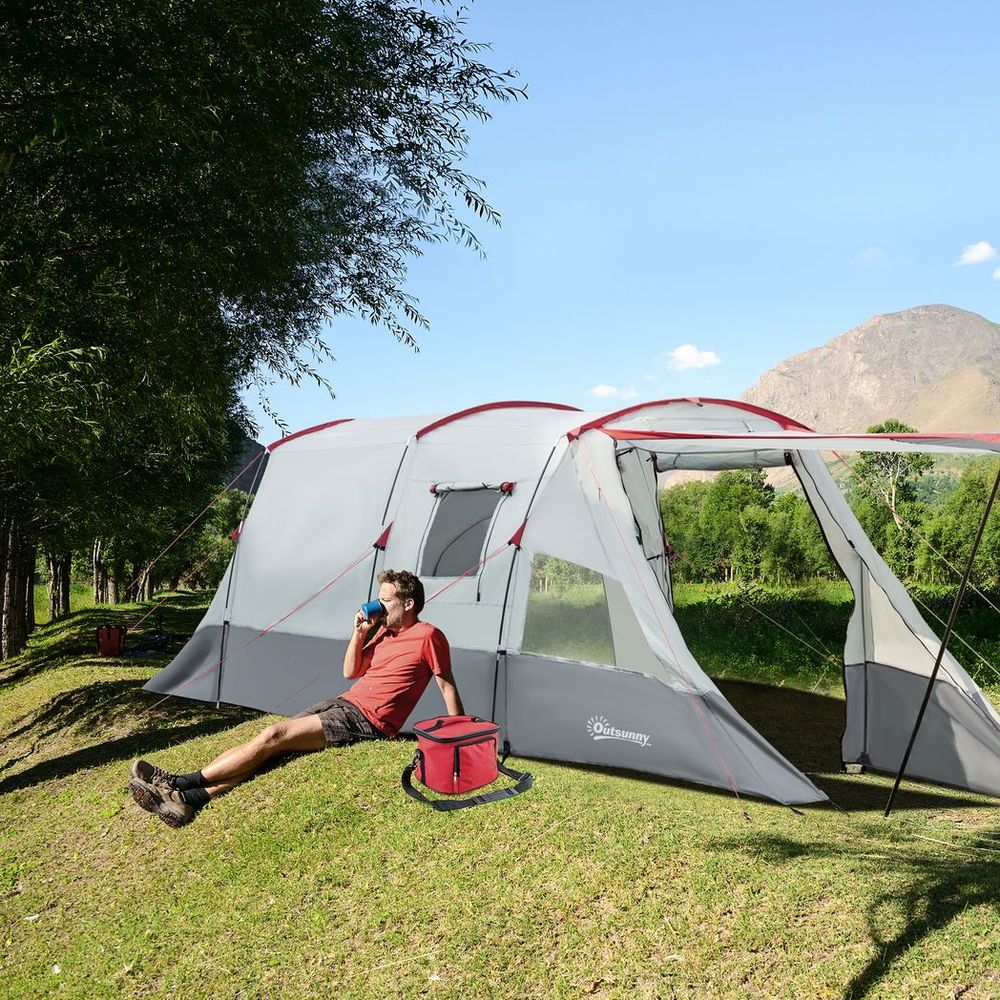Outsunny 6-8 Person Tunnel Tent, Two-room Camping, Carry Bag, Grey