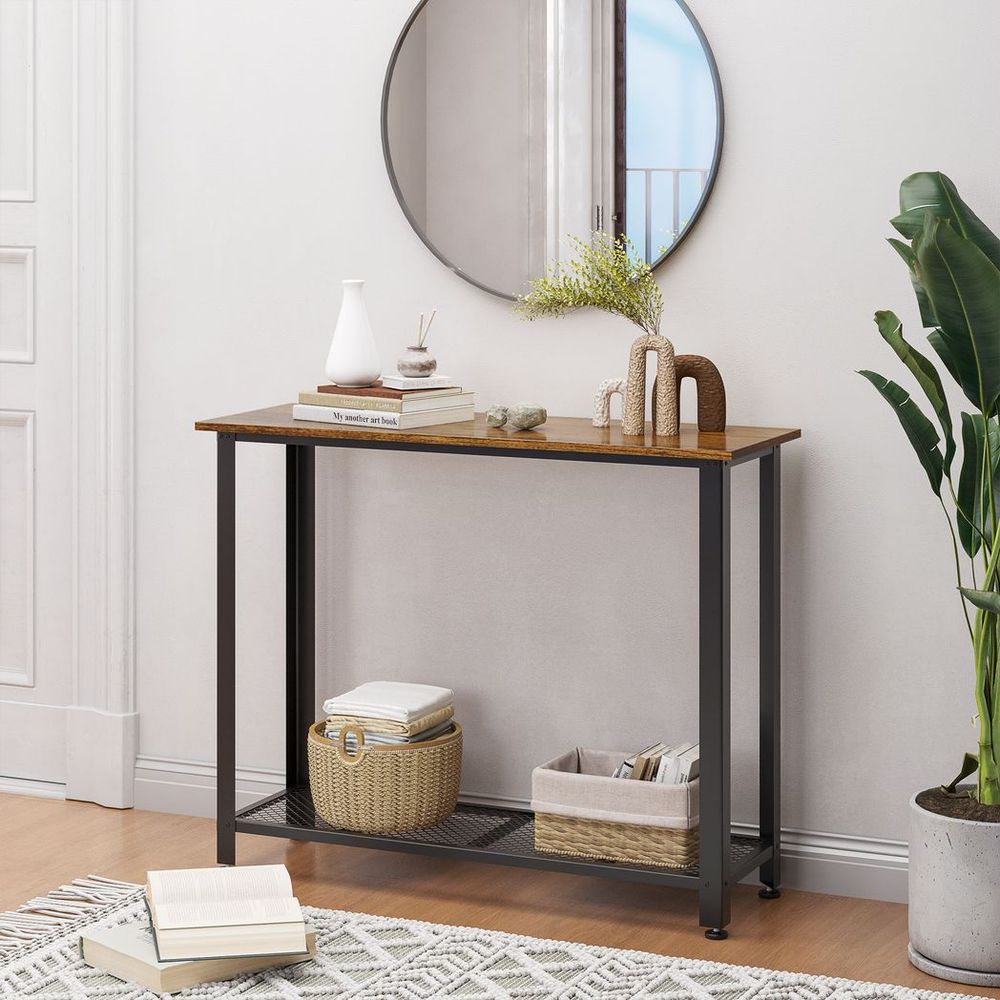 Industrial 2-Tier Console Table w/ Mesh Shelf - Entryway Hallway Furniture - Reliable & Stylish - 30kg Weight Capacity