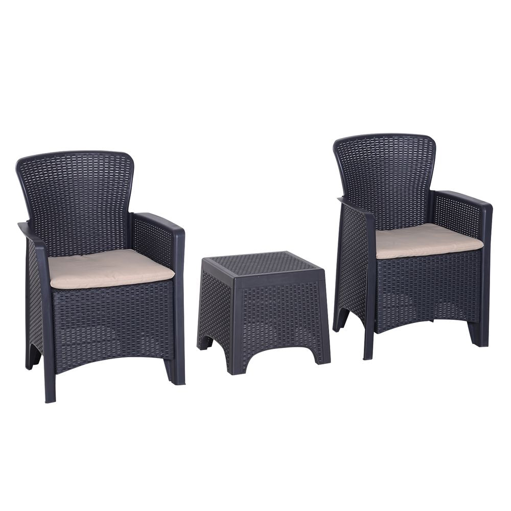 High Load Patio Coffee Set | 3-PCS Rattan Chair, Table & Cushion | Garden Gathering Furniture