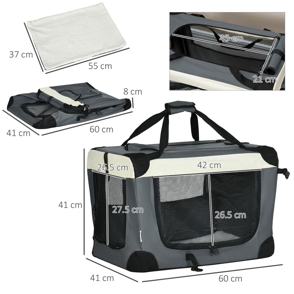 PawHut 70cm Foldable Pet Carrier Bag Soft Travel Dog Crate, Portable Cat Carrier w/ Cushion, for Cats and Small Dogs - Grey