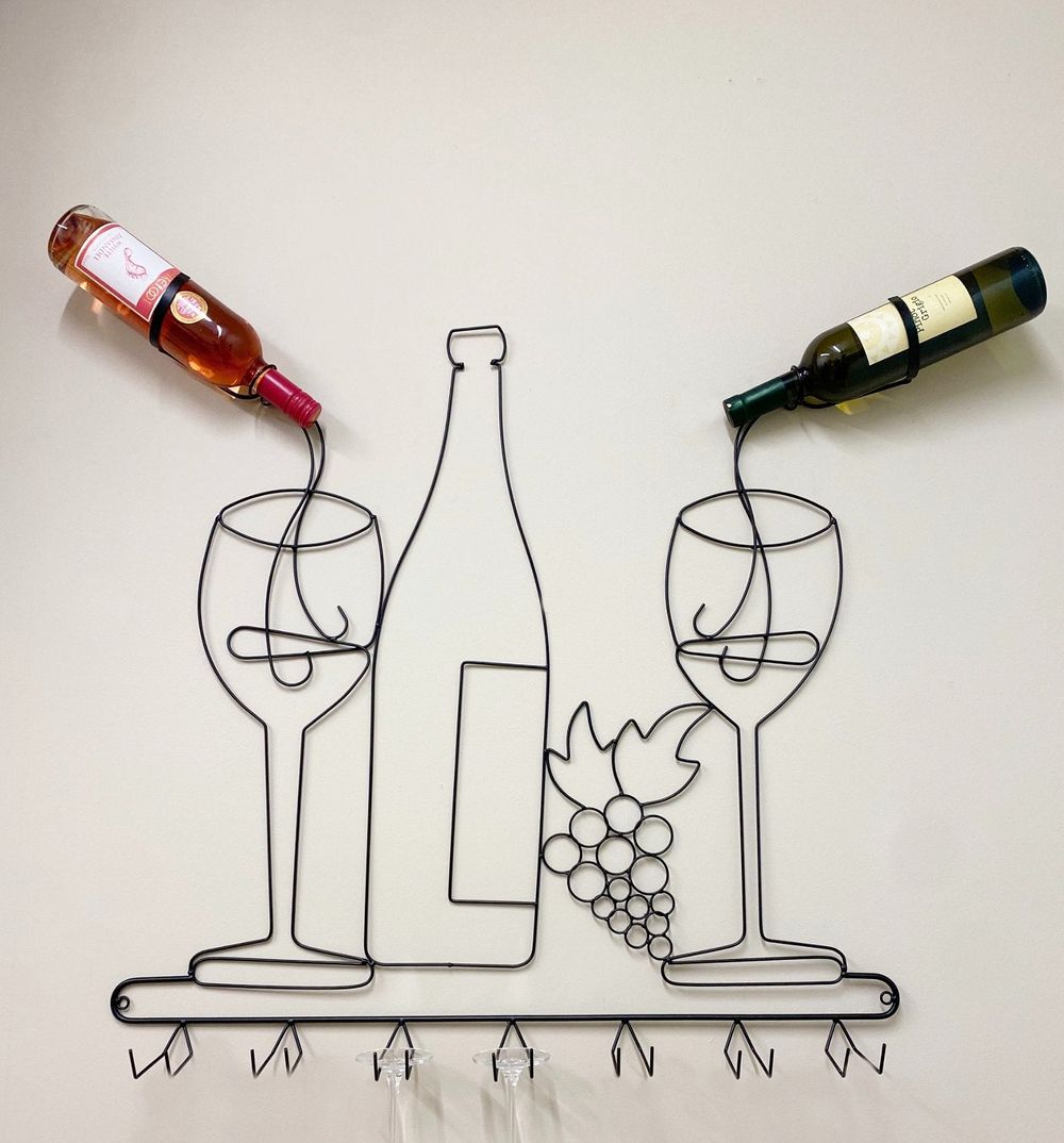 Organize your wine collection with this sleek black wire wine holder. Holds 2 bottles and 7 glasses.