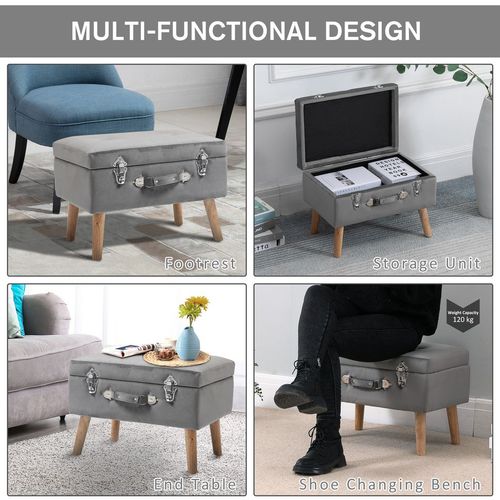 HOMCOM Velvet-Touch Suitcase Storage Stool Ottoman Suitcase 2 Latches Wood Legs