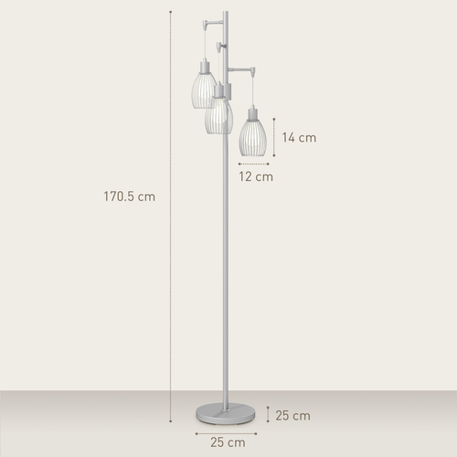 HOMCOM Industrial 3-Light Floor Lamp Dimmable Standing Lamp, Silver Tone