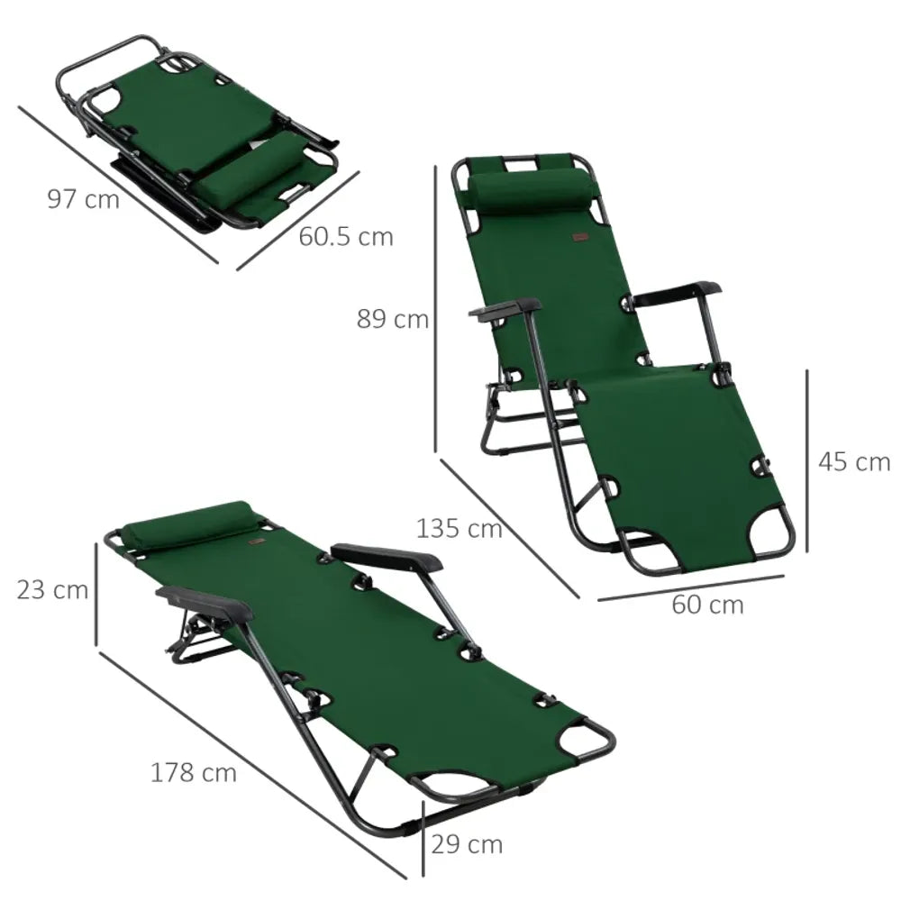 Premium Outsunny 2-in-1 Outdoor Folding Sun Lounger | Adjustable Back & Pillow | Green