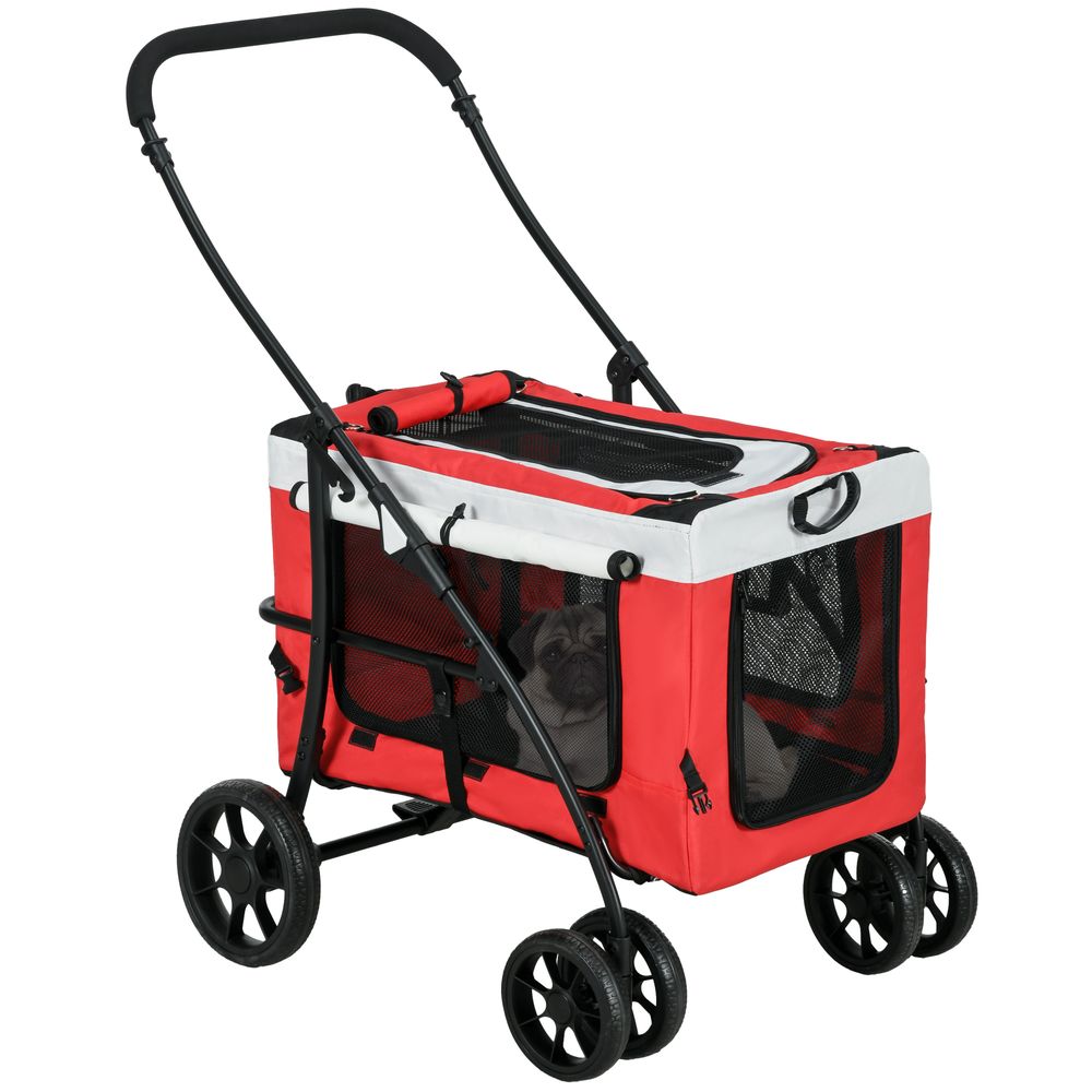 Ultimate Foldable Pet Stroller: Red, Detachable Carrier, Soft Padding - Perfect for Active Pet Owners!