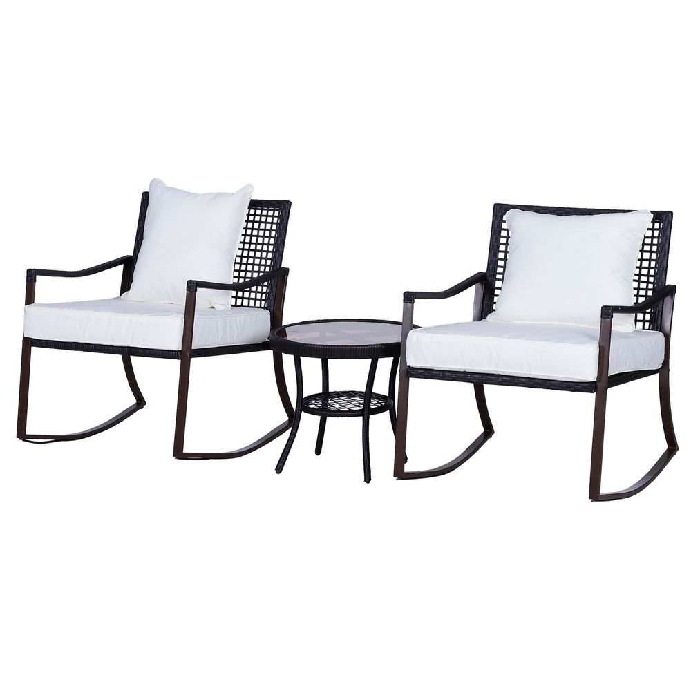 Outdoor Rocking Chair Bistro Set - 3PCS - Brown/Cream - Free Cushions
